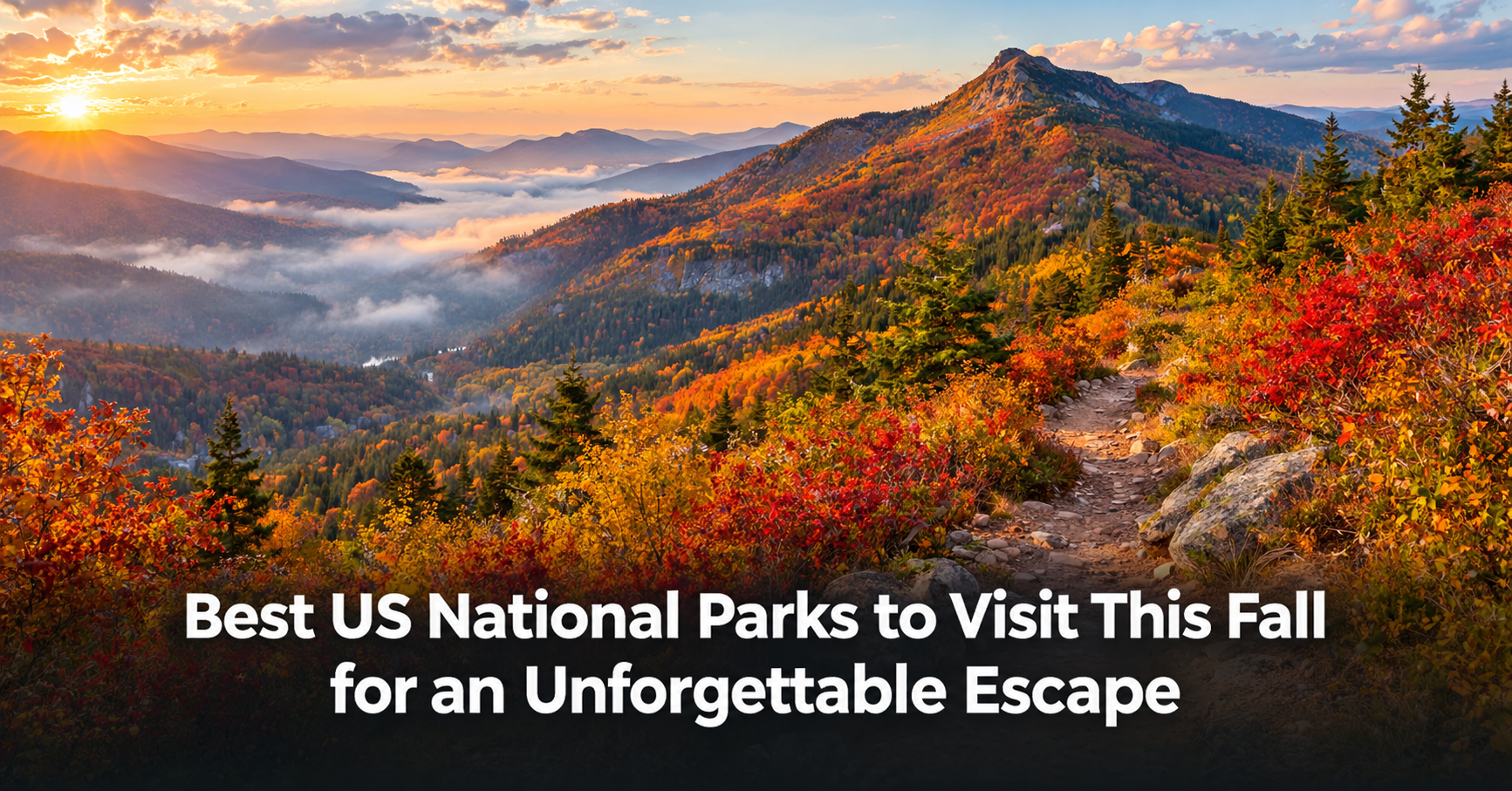Autumn US national park mountains with colorful foliage and hiking trail