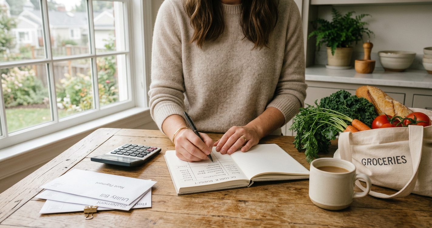 Person writing in budget notebook