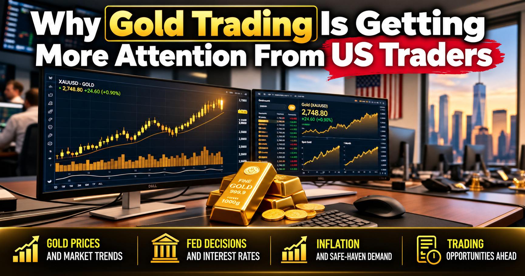 Gold bars in front of a trading screen showing a gold price chart