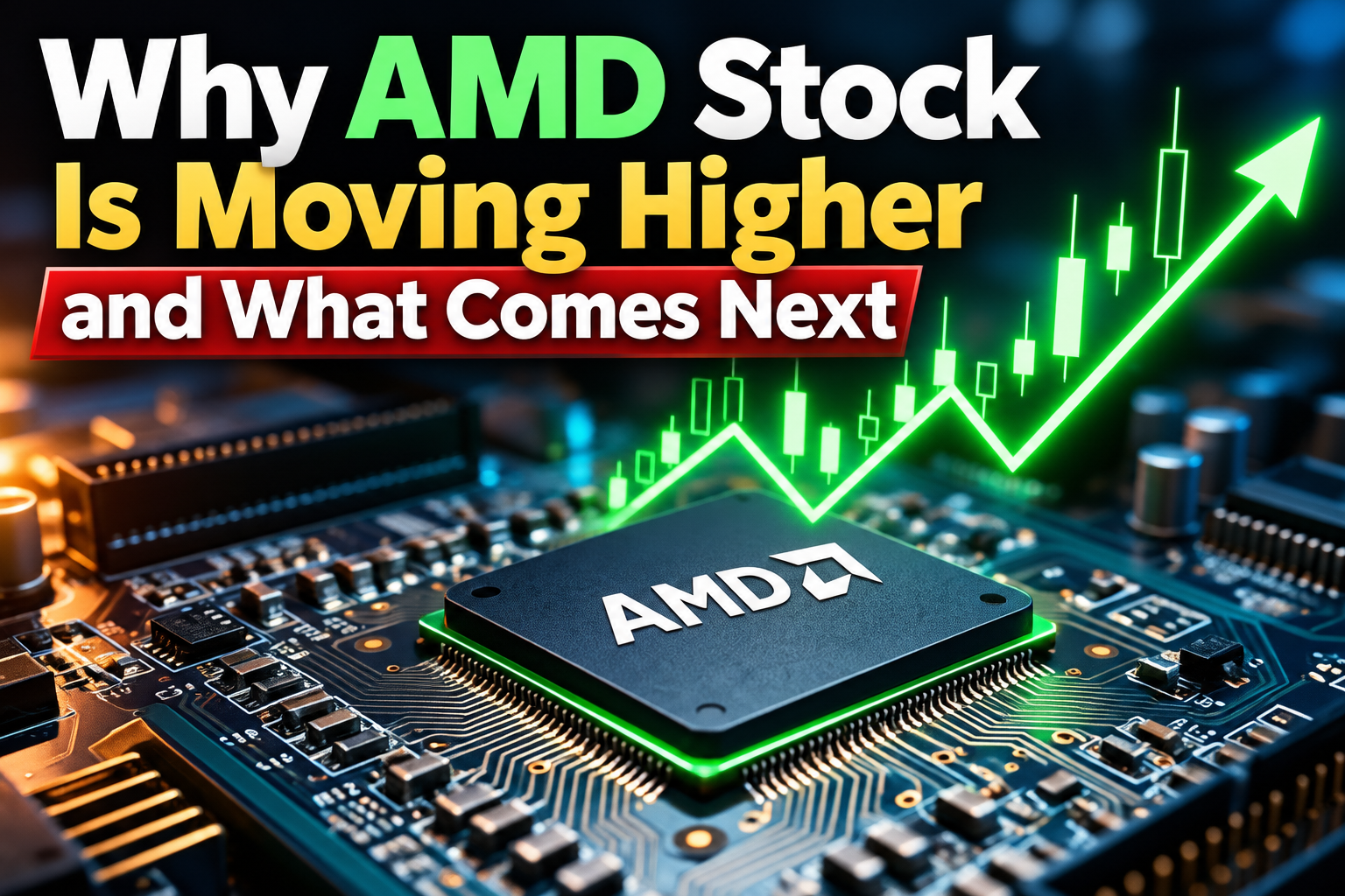 Green stock chart arrow rising above a computer chip on a circuit board